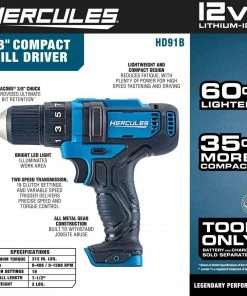 Best Sale 😉 HERCULES 12V Cordless 3/8 in. Compact Drill/Driver - Tool Only 🛒 -Hercules Store 56563 W2SS