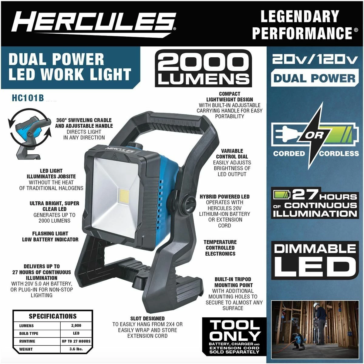 Cheap π HERCULES 20v Cordless 2000 Lumen Dual Power Work Light β Tool Only βοΈ 6 Cheap π HERCULES 20v Cordless 2000 Lumen Dual Power Work Light β Tool Only βοΈ - Image 5
