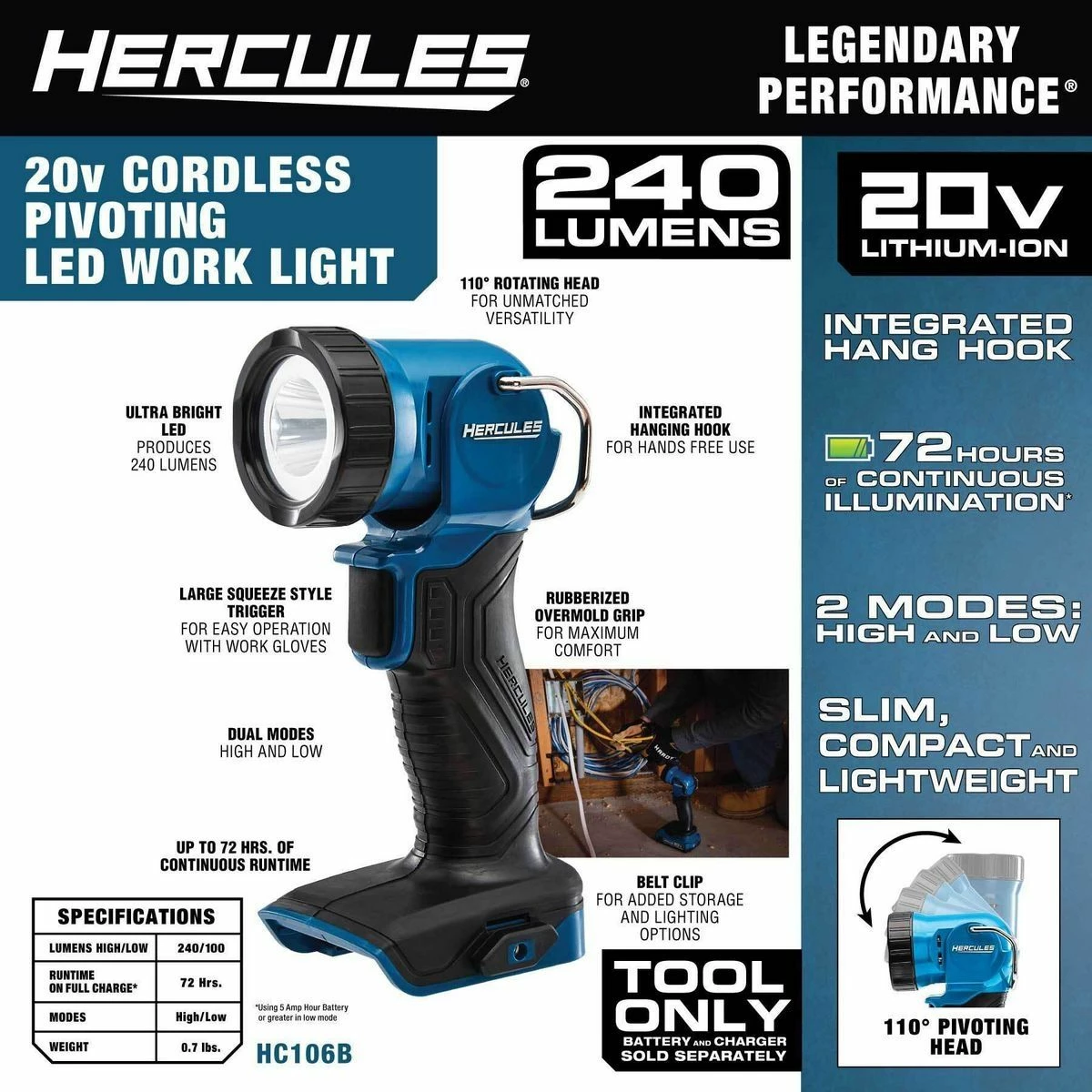 Cheapest π― HERCULES 20V Cordless 220 Lumen Work Light - Tool Only π 5 Cheapest π― HERCULES 20V Cordless 220 Lumen Work Light - Tool Only π - Image 5