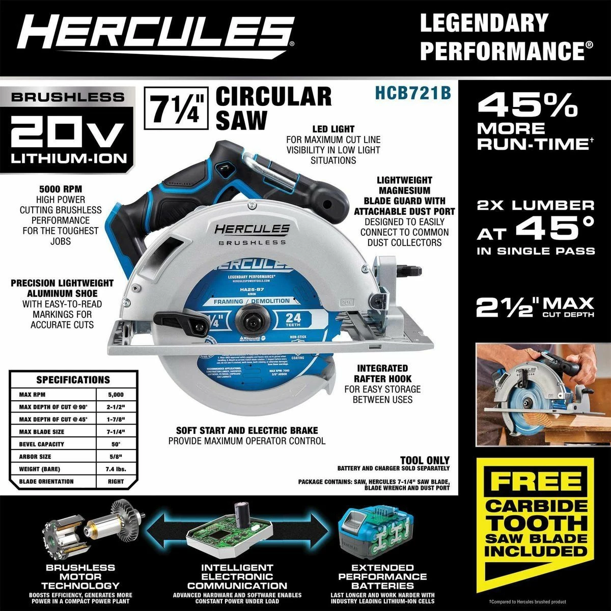 New 🌟 HERCULES 20V Brushless Cordless 7-1/4 in. Circular Saw - Tool Only 😍 6 New 🌟 HERCULES 20V Brushless Cordless 7-1/4 in. Circular Saw - Tool Only 😍 - Image 4